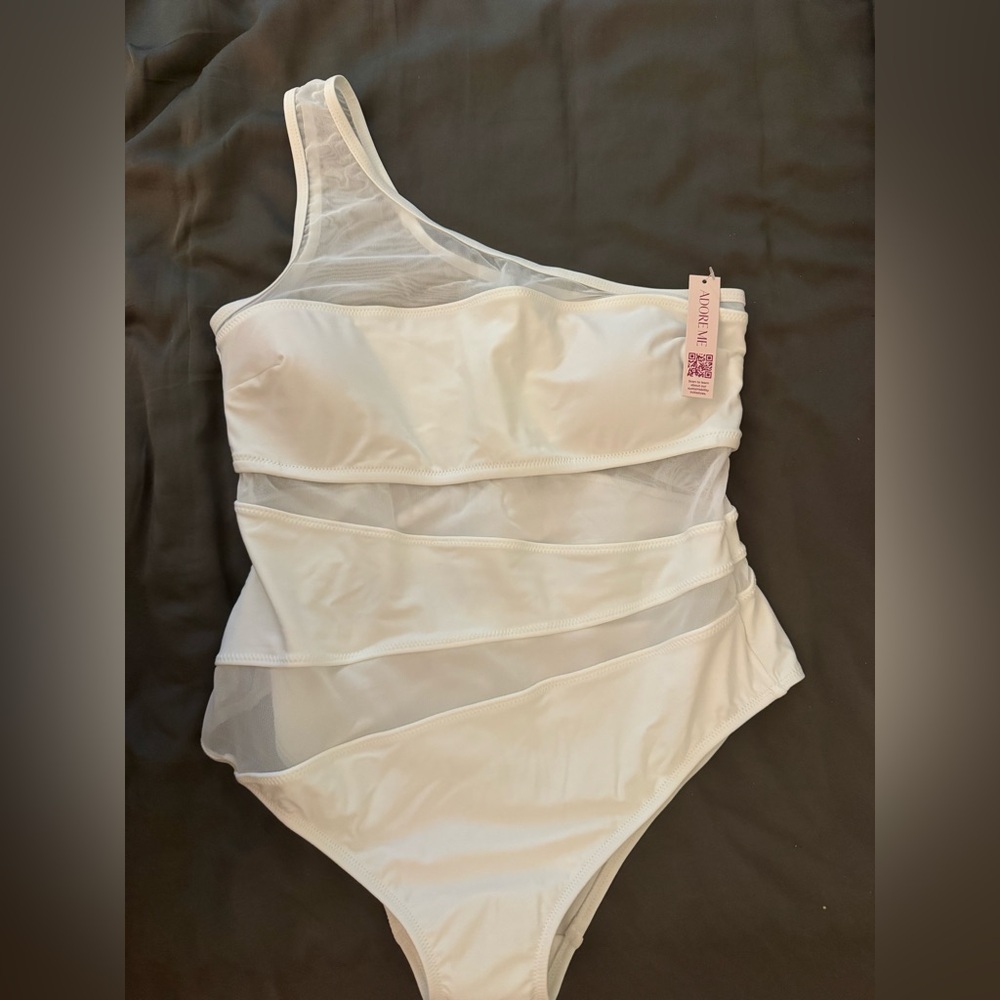 Adore Me One-Shoulder One-Piece white mesh Swimsuit L